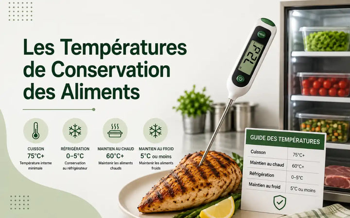 Températures alimentaires sûres pour les restaurants avec poulet cuit, thermomètre, réfrigération et maintien au chaud ou au froid.