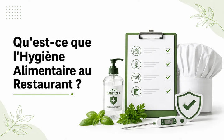 Hygiène alimentaire au restaurant avec checklist, désinfectant, toque de chef, thermomètre et symbole de sécurité.