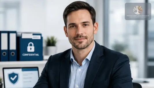 Professional business manager in an office environment with GDPR and confidential data protection visuals, representing privacy compliance, data security, and corporate governance in France