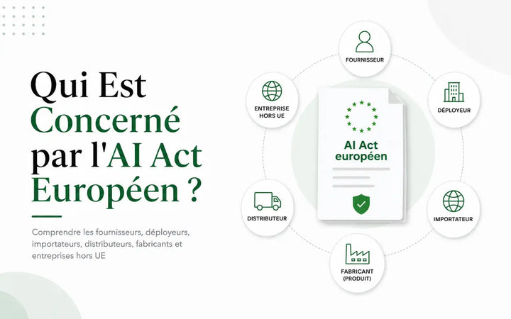 Champ d’application de l’AI Act européen montrant les fournisseurs, déployeurs, importateurs, distributeurs, fabricants et entreprises hors UE.
