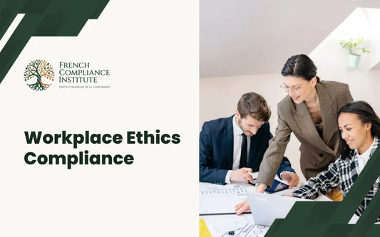 Workplace ethics compliance training banner showing professionals collaborating on standards, compliance and integrity in the workplace.