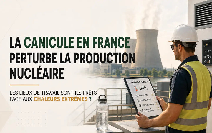 Canicule en France perturbant la production nucléaire, avec des réacteurs arrêtés en raison de la chaleur extrême et des limites de refroidissement.