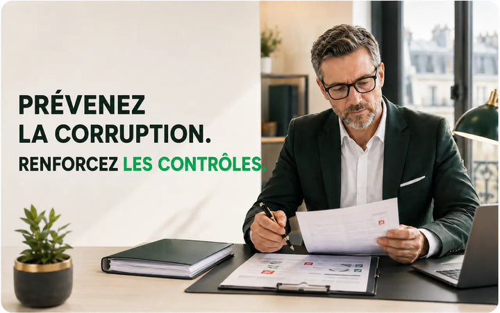 Image sur ISO 37001 France montrant un responsable conformité examinant des documents relatifs aux risques de corruption et aux contrôles internes dans un bureau français moderne.