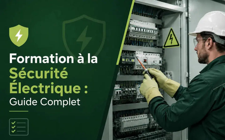French electrical safety training image with technician inspecting an electrical control panel using PPE.