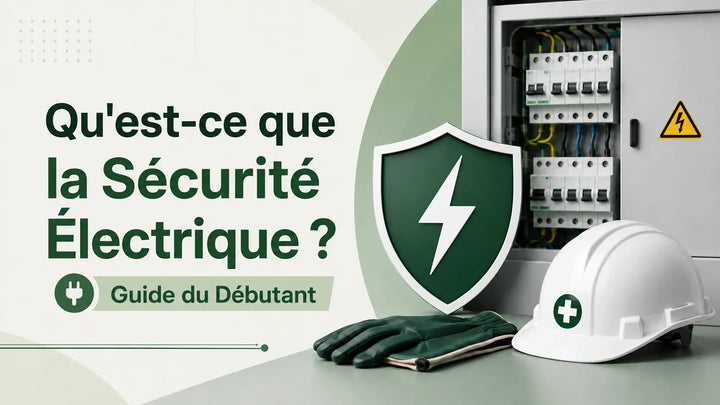 Guide débutant sur la sécurité électrique avec EPI, tableau électrique et symbole de protection.