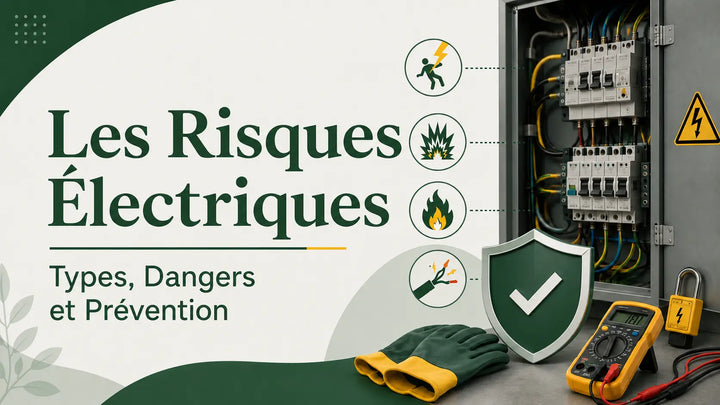 Infographie sur les risques électriques, les dangers courants, les EPI et les mesures de prévention.