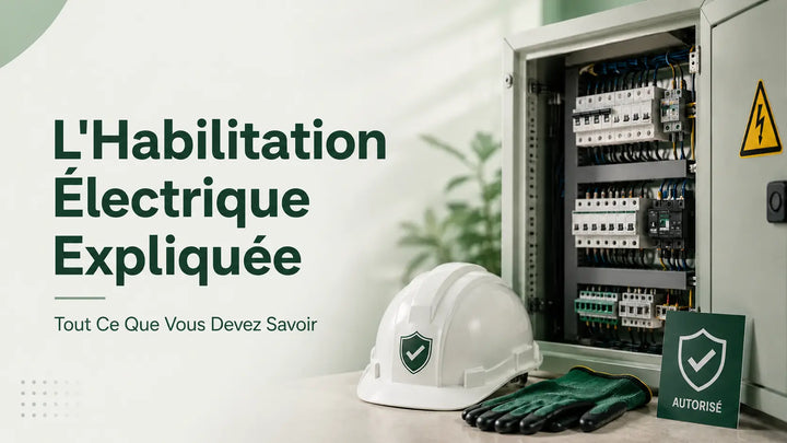 Habilitation électrique avec tableau électrique, casque et gants de protection.